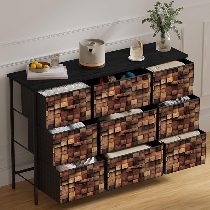 TV Stand with 9 Drawers, Chest of Drawers with Fabric Bins, Storage Organizer by VASICAR
