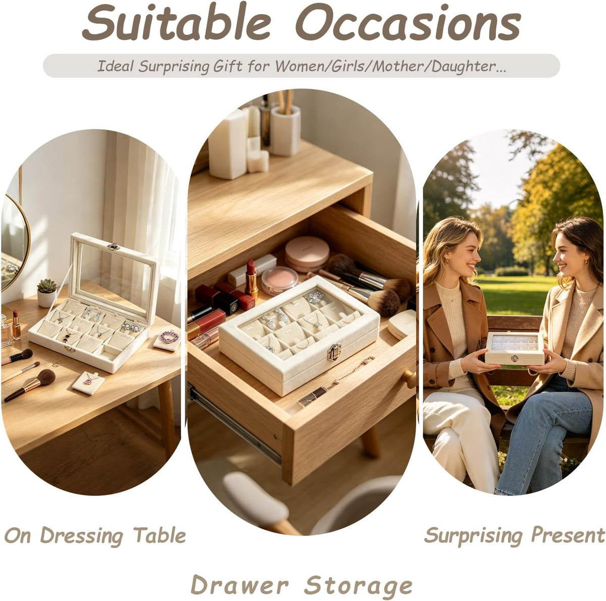 Jewelry Box Necklaces Organizer Beige 12 Slots, Pendants Display for
