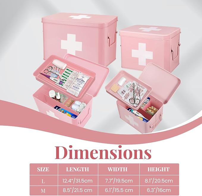 Flexzion First Aid Box Organizer Empty 13" Pink Vintage First Aid Kit Tin Metal - Image 7