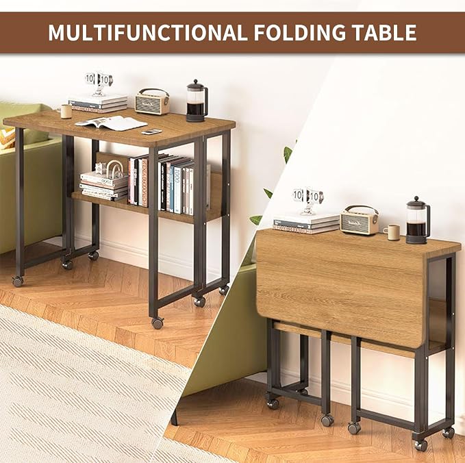 Mobile Foldable Desk w/ 6 Wheels, Portable Rolling Small Computer Desk - Image 6