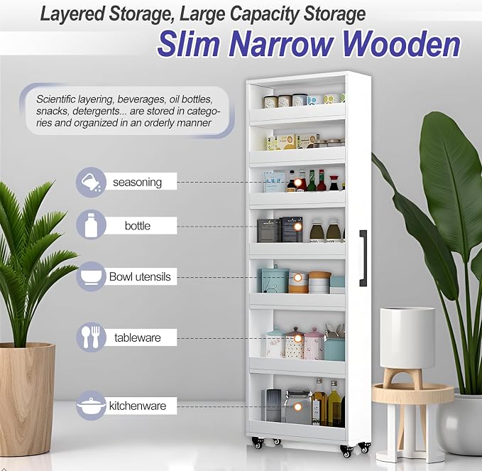 7-Tier Slim Storage Cart, Wooden Rolling Pantry Cabinet - Image 3