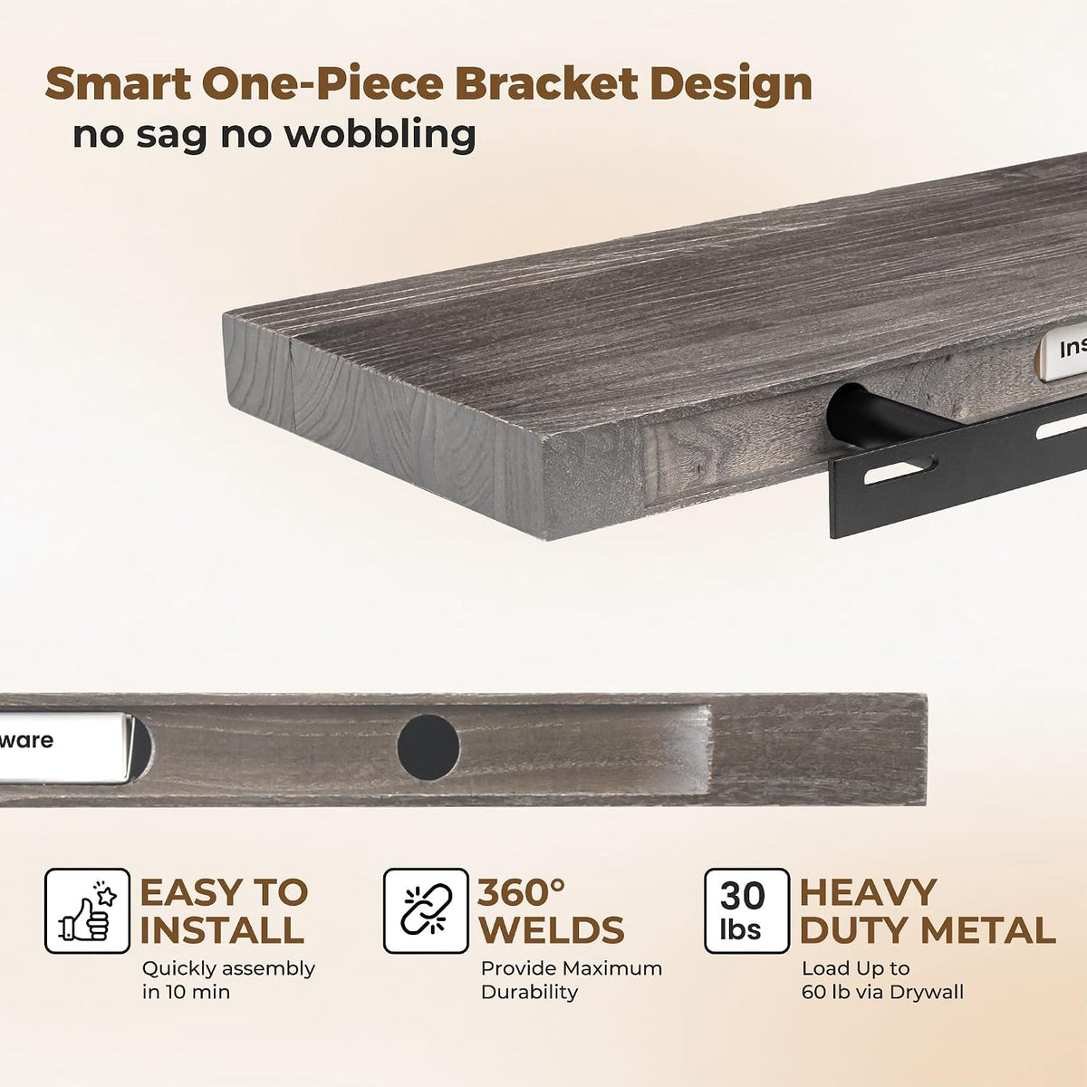 Floating Shelves for Wall, 24in Reclaimed Elm Wood Shelves, Grey, 2PCs