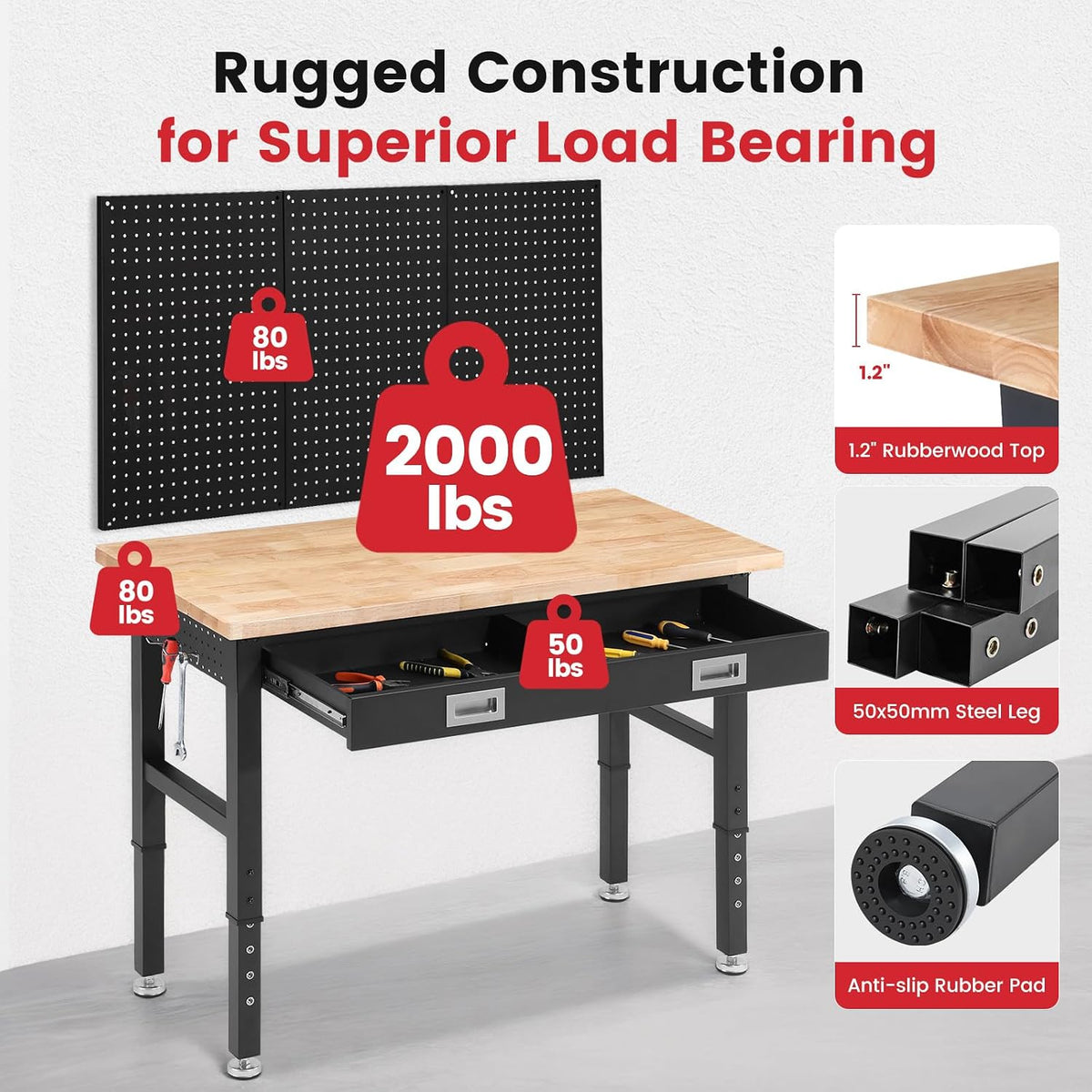 48" Adjustable Height Workbench with Drawers, Rubberwood Top