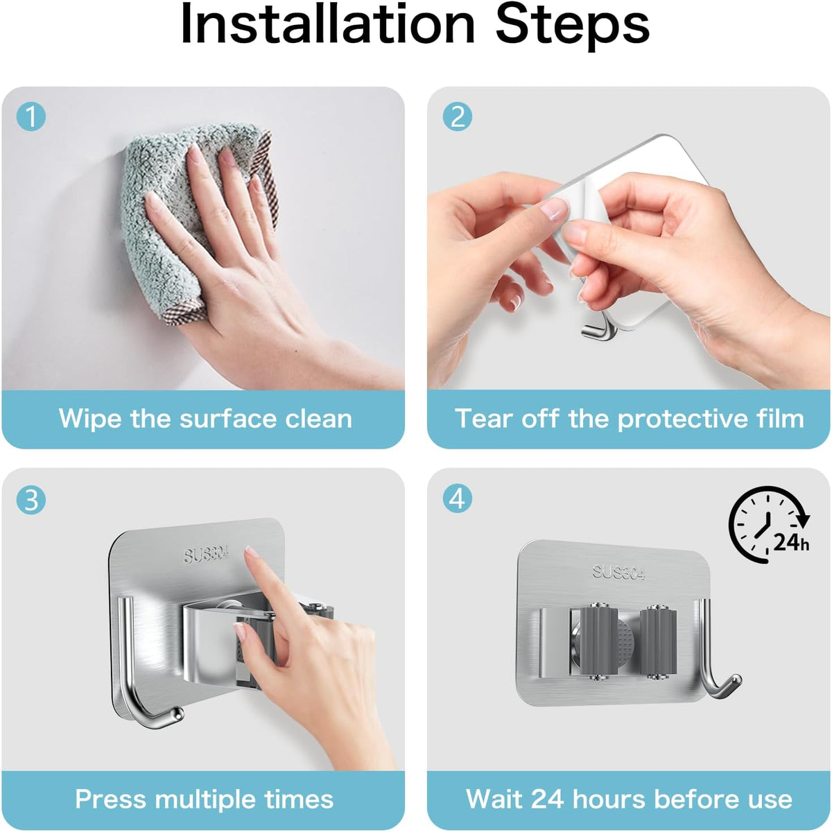 nacena 4 Pack No Drill Self Adhesive Broom Mop Holder Wall Mount with
