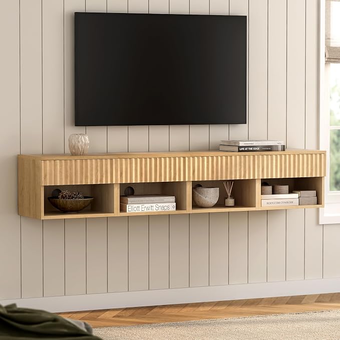 Floating Nightstand with Drawer, Modern Small Night Stand with Fluted Door and - Image 6