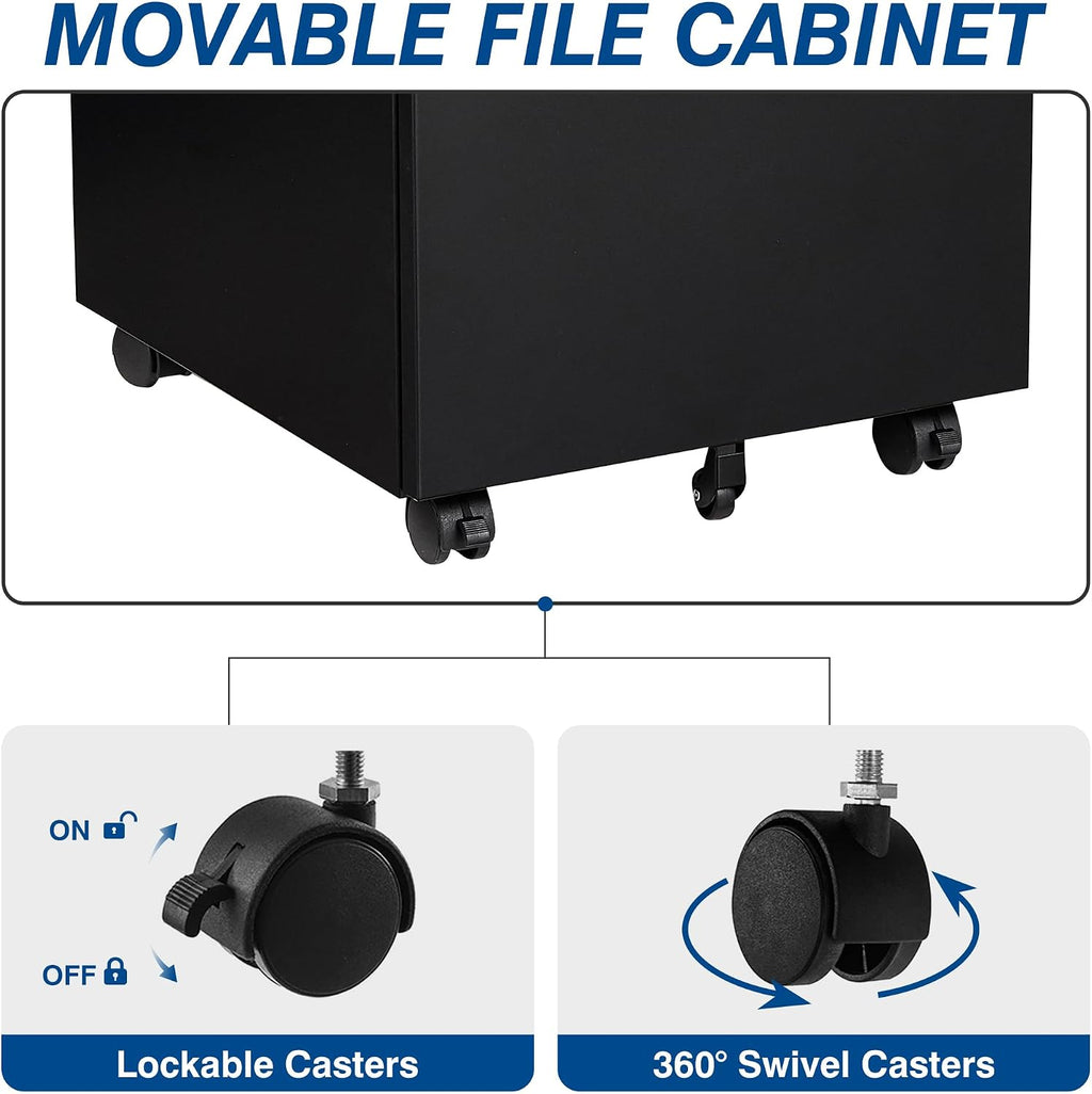 3 Drawer Vertical File Cabinet, Black Mobile Filling Cabinet with Lock