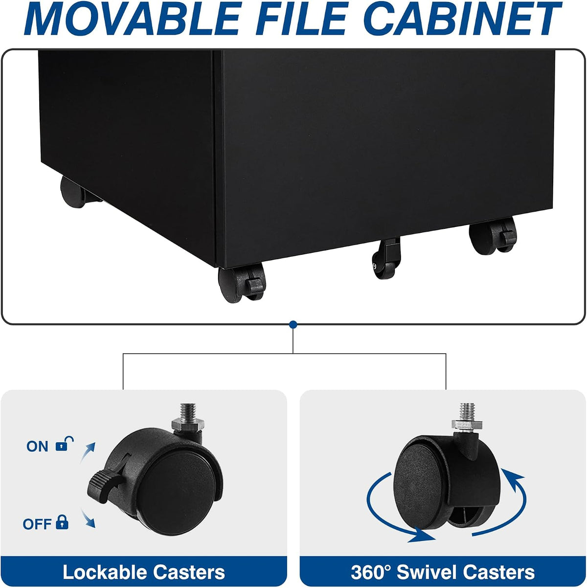 3 Drawer Vertical File Cabinet, Black Mobile Filling Cabinet with Lock