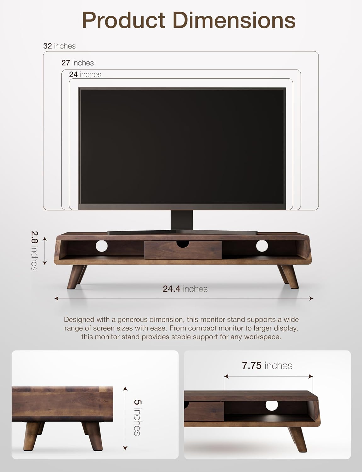 Wood Monitor Stand with Drawer & Storage, Walnut Color (Patented)