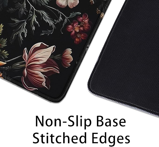 Vintage Aesthetic Mouse Pad, Extended Flower Plant Black Mousepad Desk Pad - Image 5