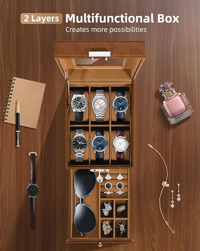 Uten 6-Slot Watch Box, 2-Layers PU Leather Watch Case - Image 2