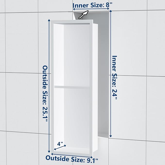Stainless Steel Shower Niche 24" X 8", No Tile Needed Wall Niche Double Shelves - Image 2
