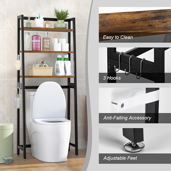 VASMIA Over The Toilet Storage Shelf, 3-Tier Bathroom Organizer Over Toilet - Image 6
