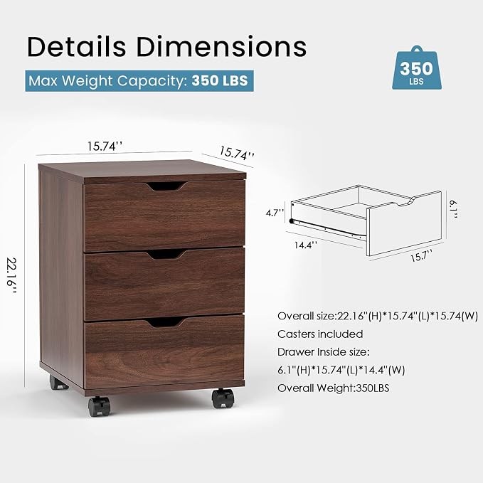 Farini Mobile File Cabinet for Home Office, 3 Drawer Chest Wood, Drawers Unit - Image 3