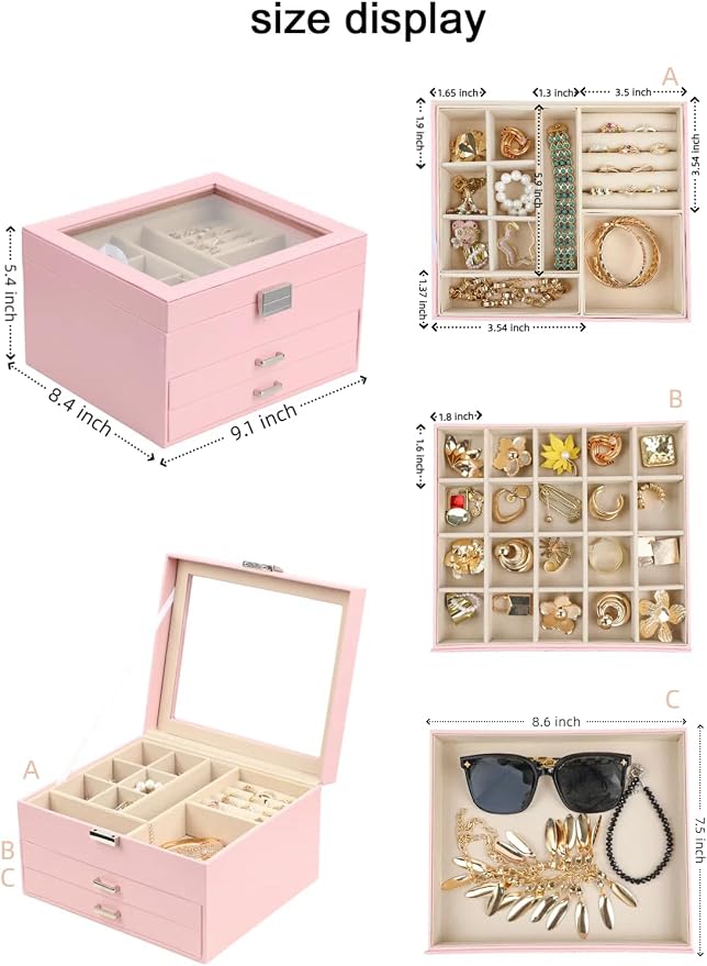 BOOVO Clear Lid Jewelry Box, 3 Layers Jewelry Organizer Large Multi-Functional - Image 4