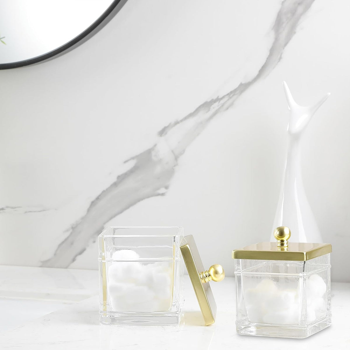 Glass Cotton Jar Holder 2 Pack– Brushed Gold Lid, Elegant Bathroom