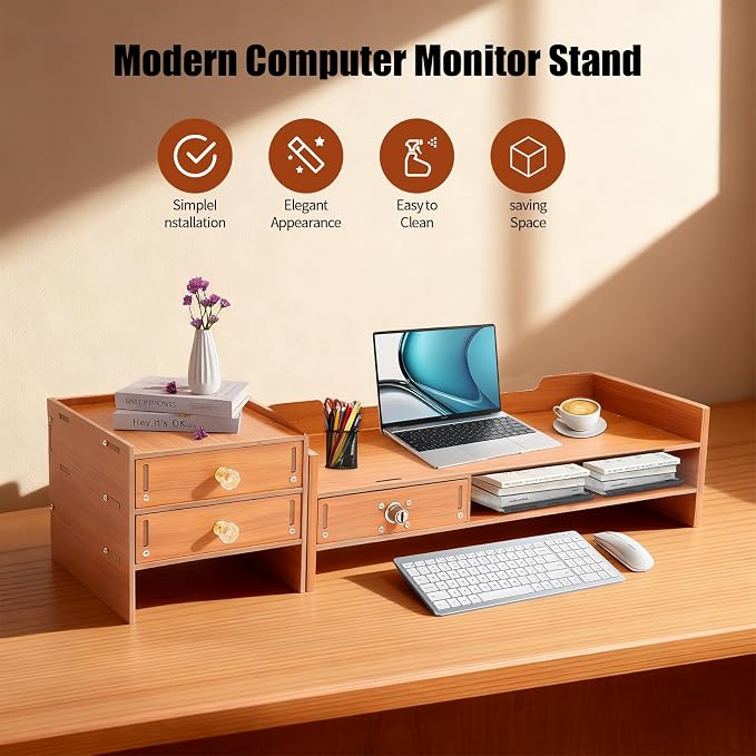 Wood Monitor Stand Riser with 3 Drawers & Lockable Storage – Desktop Organizer - Image 4