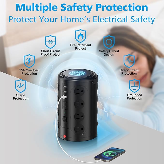 Tower Power Strip with 15W Wireless Charger, 15FT Extension Cord with Multiple - Image 3