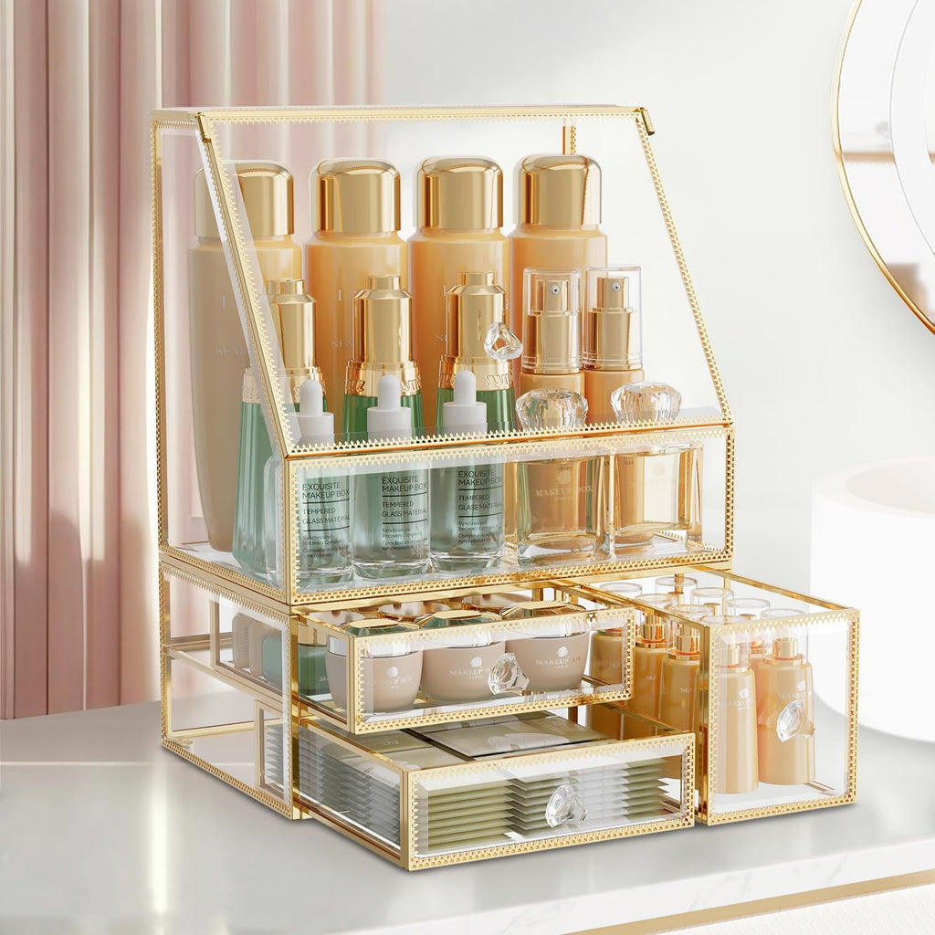 Glass Makeup Organizer with Lid and Drawer for Vanity, Clear