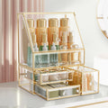 Glass Makeup Organizer with Lid and Drawer for Vanity, Clear