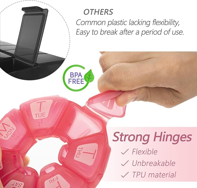 Round Weekly Pill Organizer, TPU Rubberized, Travel Pill Container 7 Day - Image 3