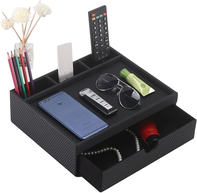 Leather Desk Organizer With Drawers, Home Cosmetics Organizer, Phone Remote by SYRWDXTX