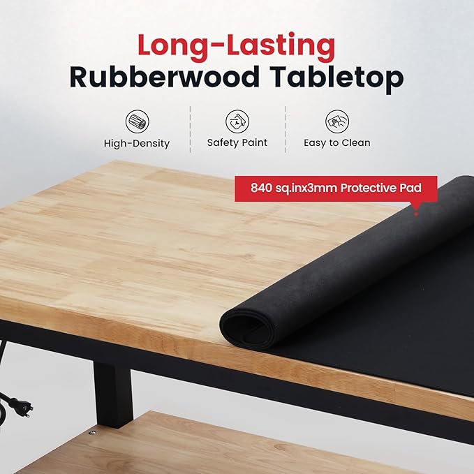 48 Inch Work Table for Garage Adjustable Height Rubber Wood Tabletop Workbench - Image 6