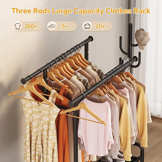 Homeiju Heavy Duty Clothes Rack Load 500LBS, Three Rods Clothing Racks - Image 8