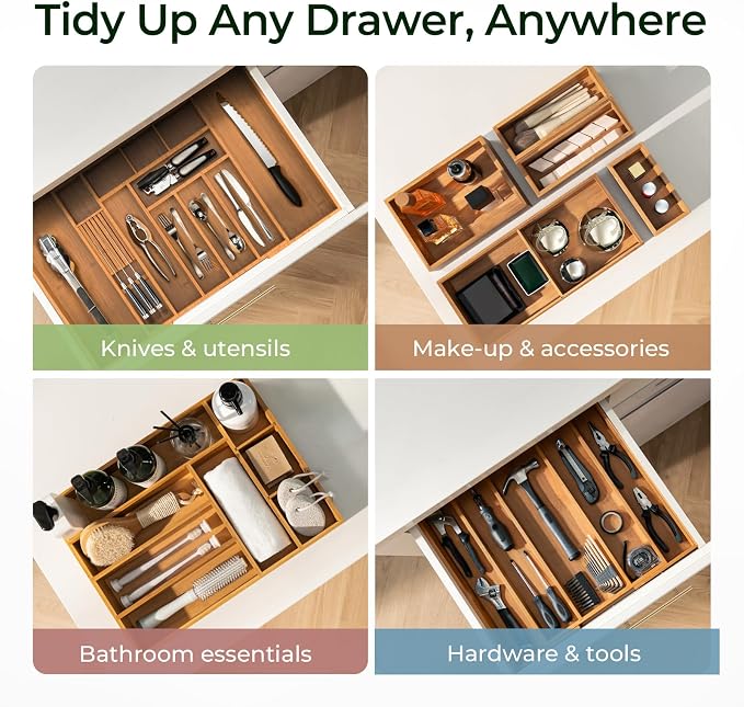Carbonized Large Bamboo Kitchen Drawer Organizer, 12 Slots Expandable - Image 8