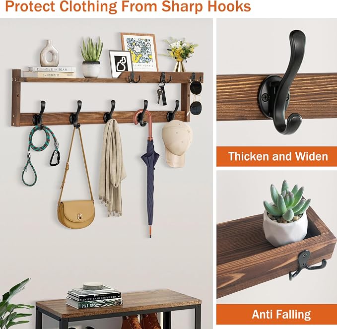 29'' Coat Rack Wall Mount with Shelf, Coat Hanger Wall Mount with Key Hooks and - Image 3