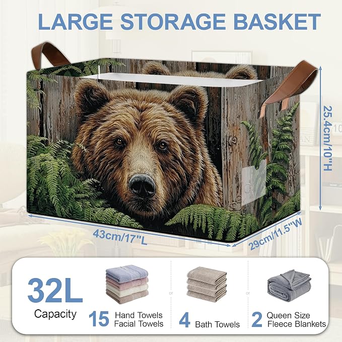 Vintage Bear Wooden Storage Baskets, Ferns Plants Foldable Large Capacity - Image 2