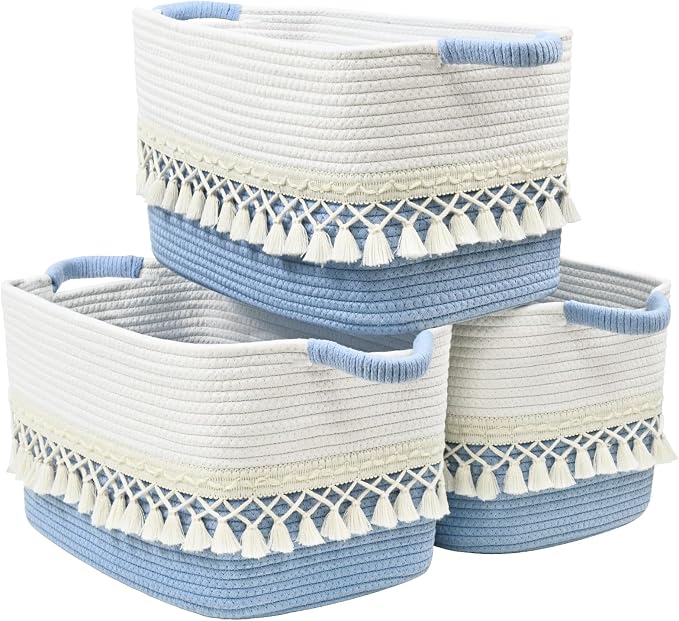 3 Pack Storage Basket for Shelves, Boho Cotton Rope Storage Bins by Degeyoyo
