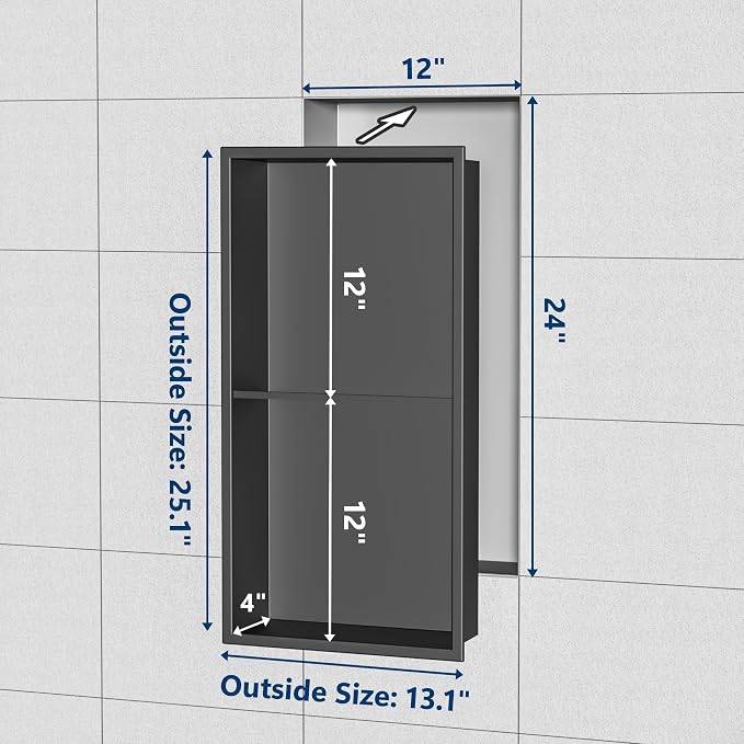 Stainless Steel Shower Niche 24" X 12", No Tile Needed Wall Niche Double Shelves - Image 3