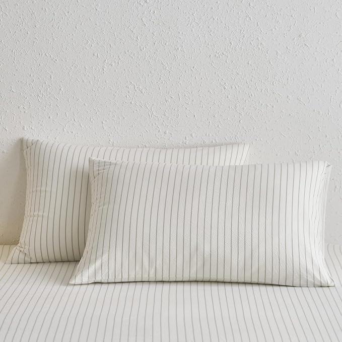 MooMee Bedding Pillowcases Striped Pack of 2 100% Washed Cotton Linen Like - Image 2