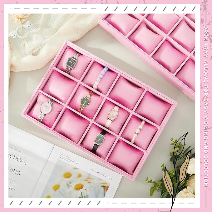 Henoyso 2 Pieces 12 Grid Velvet Watch Tray Jewelry Organizer Stackable Watch - Image 5