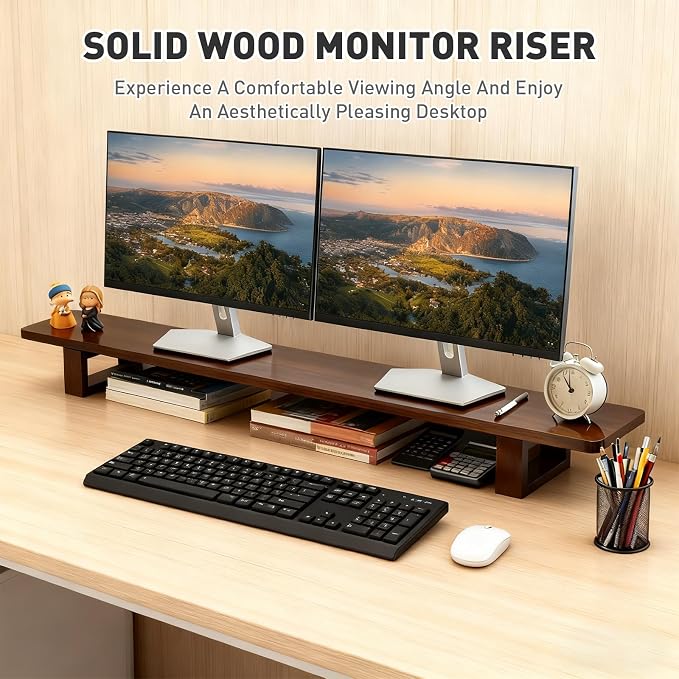 Dual Monitor Stand Riser, 47Inch Solid Wood Desktop Organizer - Image 4