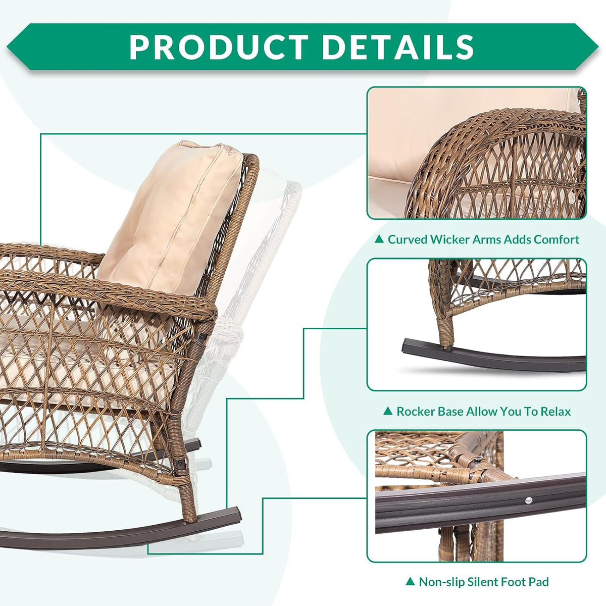Outdoor Wicker Rocking Chair, Patio Rattan Rocker Chair with Cushions