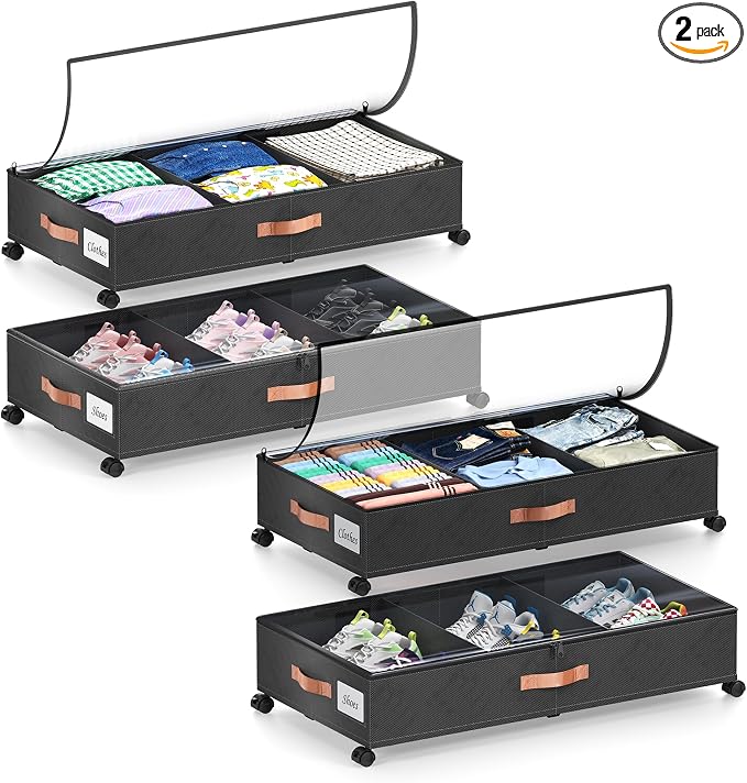 Under Bed Storage with Wheels, 4 Pack Under Bed Storage Container with Dividers by Unknown