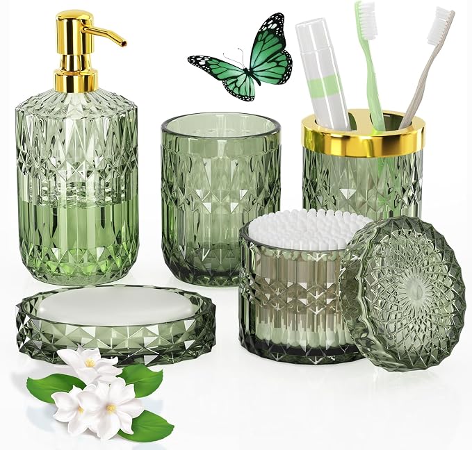 Green Glass Bathroom Accessories Set 5 Pcs, Soap Dispenser and Toothbrush by QIQU