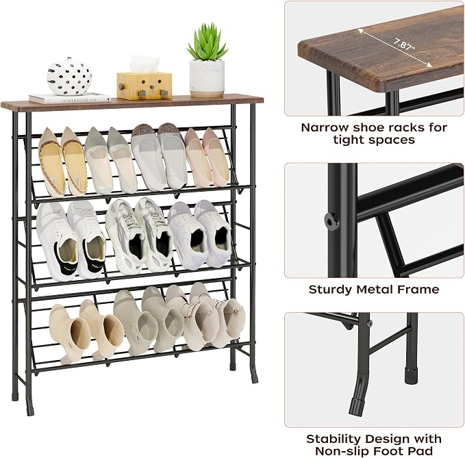 JZM Shoe Rack Storage, Narrow 4 Tier Metal Shoe Storage Shelf, Free Standing - Image 3