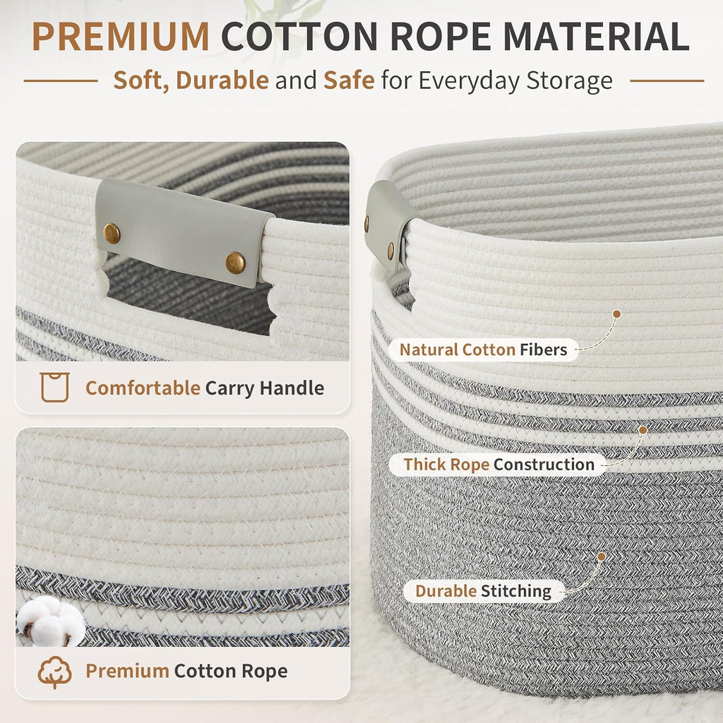Laundry Hamper with Handles, 72L Rope Laundry Basket, Grey & White