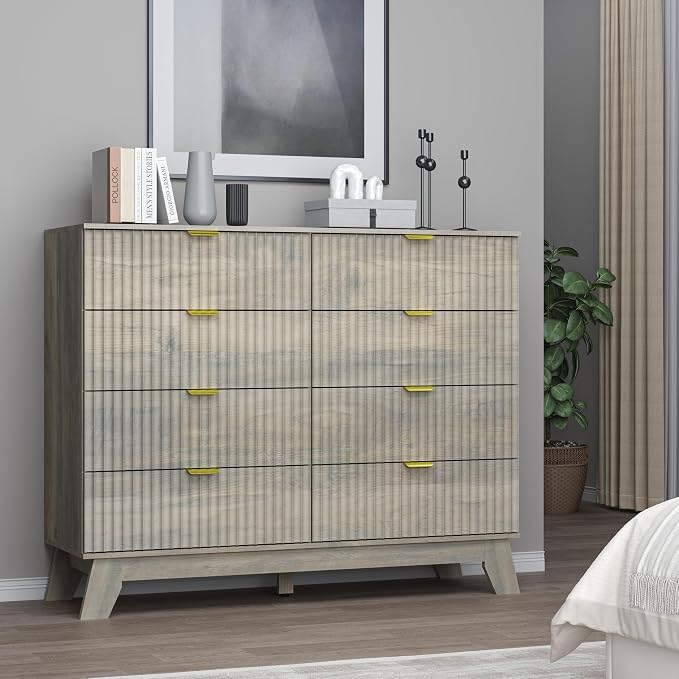 Fluted 8 Drawer Tall Dresser, 47.2" Wide Modern Boho Chest of Drawers, Wooden - Image 7