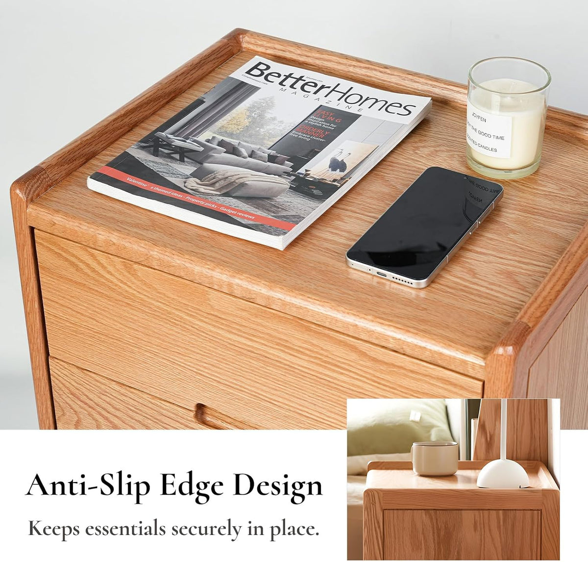 Nightstand, Solid Wood Small End Table w/3 Drawers, Modern Bedside