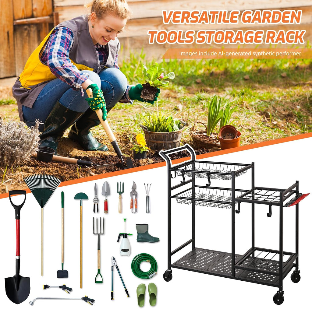 Rolling Garden Tool Organizer with Shelves and Hooks, Black