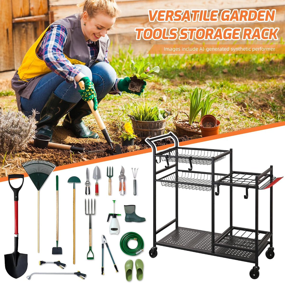 Rolling Garden Tool Organizer with Shelves and Hooks, Black