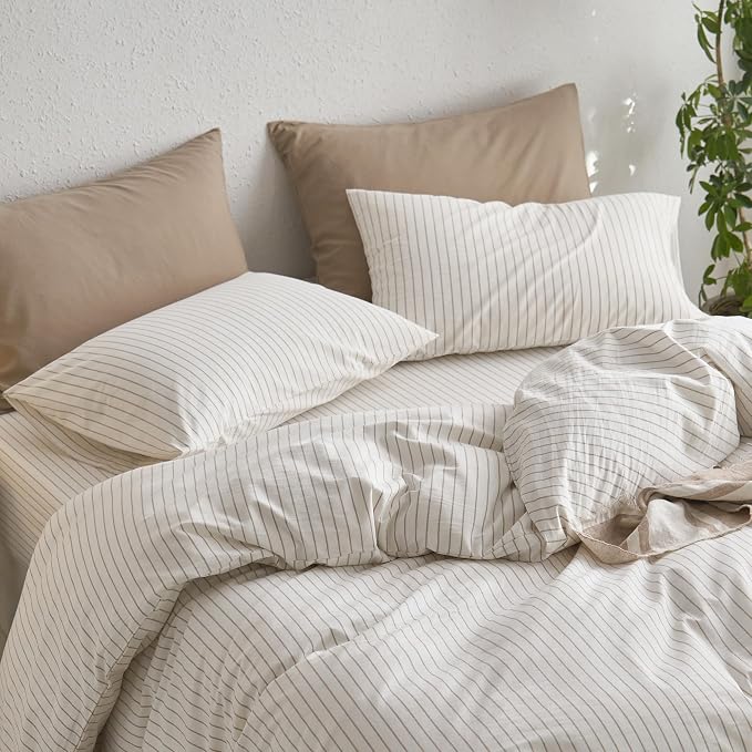 MooMee Bedding Pillowcases Striped Pack of 2 100% Washed Cotton Linen Like - Image 4