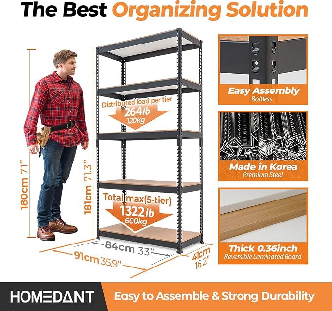 HOMEDANT 5 Tier Storage Shelves Adjustable Laminated Boltless Garage Metal - Image 2