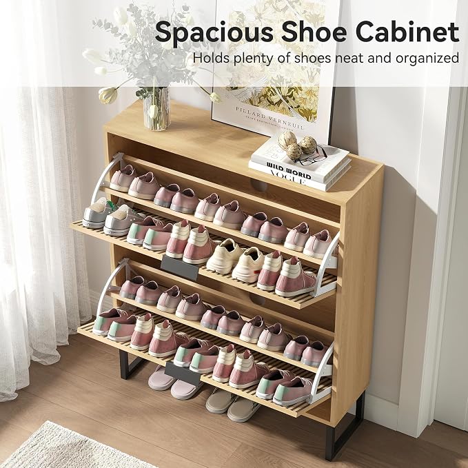 Shoe Cabinet with 2 Flip Drawers, Narrow Wood Shoe Cabinet Storage - Image 6