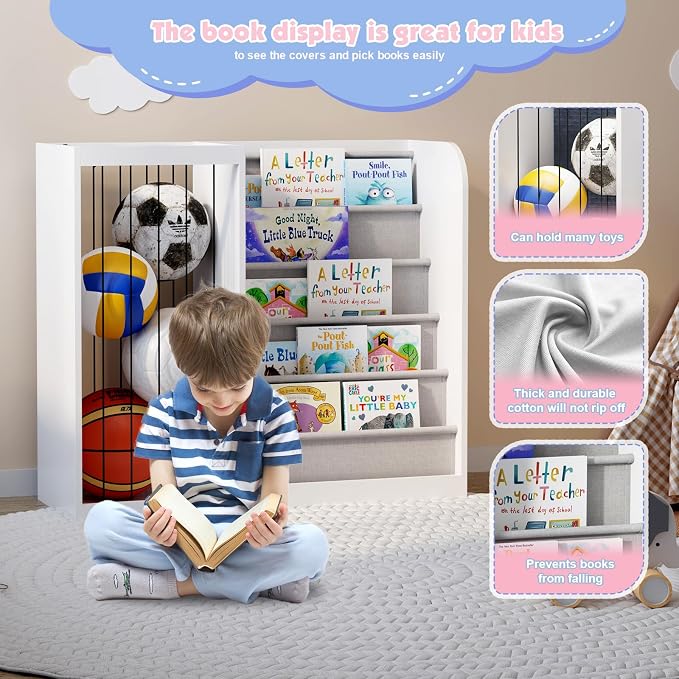 White Kids Bookshelf & Stuffed Animal Net Holder Plush Toy Storage Organizer - Image 6