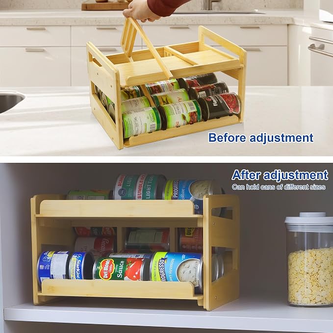 MinBoo Adjustable Can Organizer Rack, Two Tier Bamboo Stackable FIFO Cans - Image 6