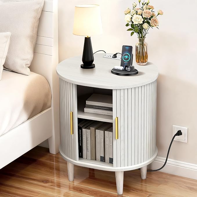 Nightstands Set of 2 & Charging Station, Fluted Accent Side Table - Image 6